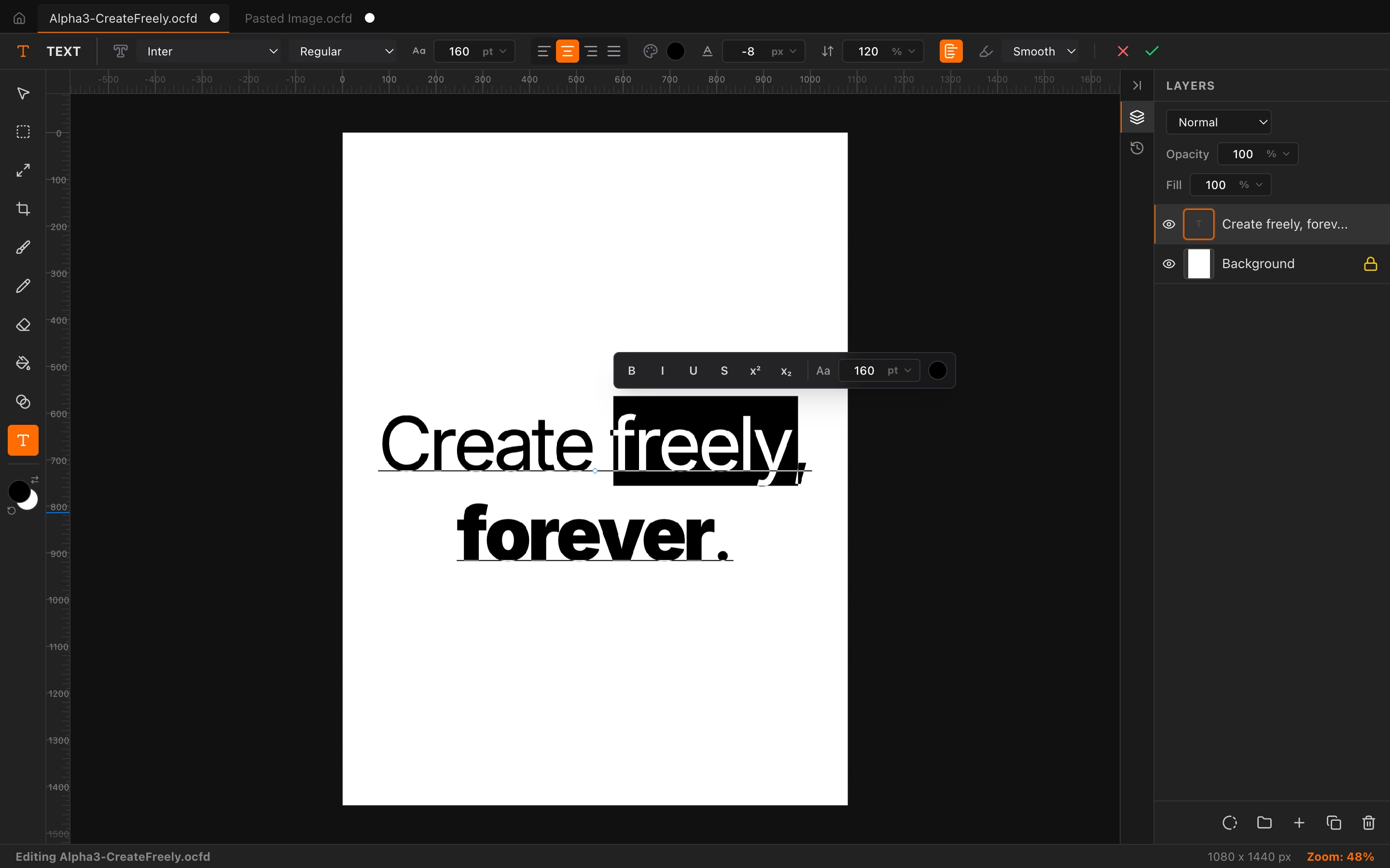 OpenCreate Forge editing a typography composition with a text layer, canvas controls, and layers panel visible.